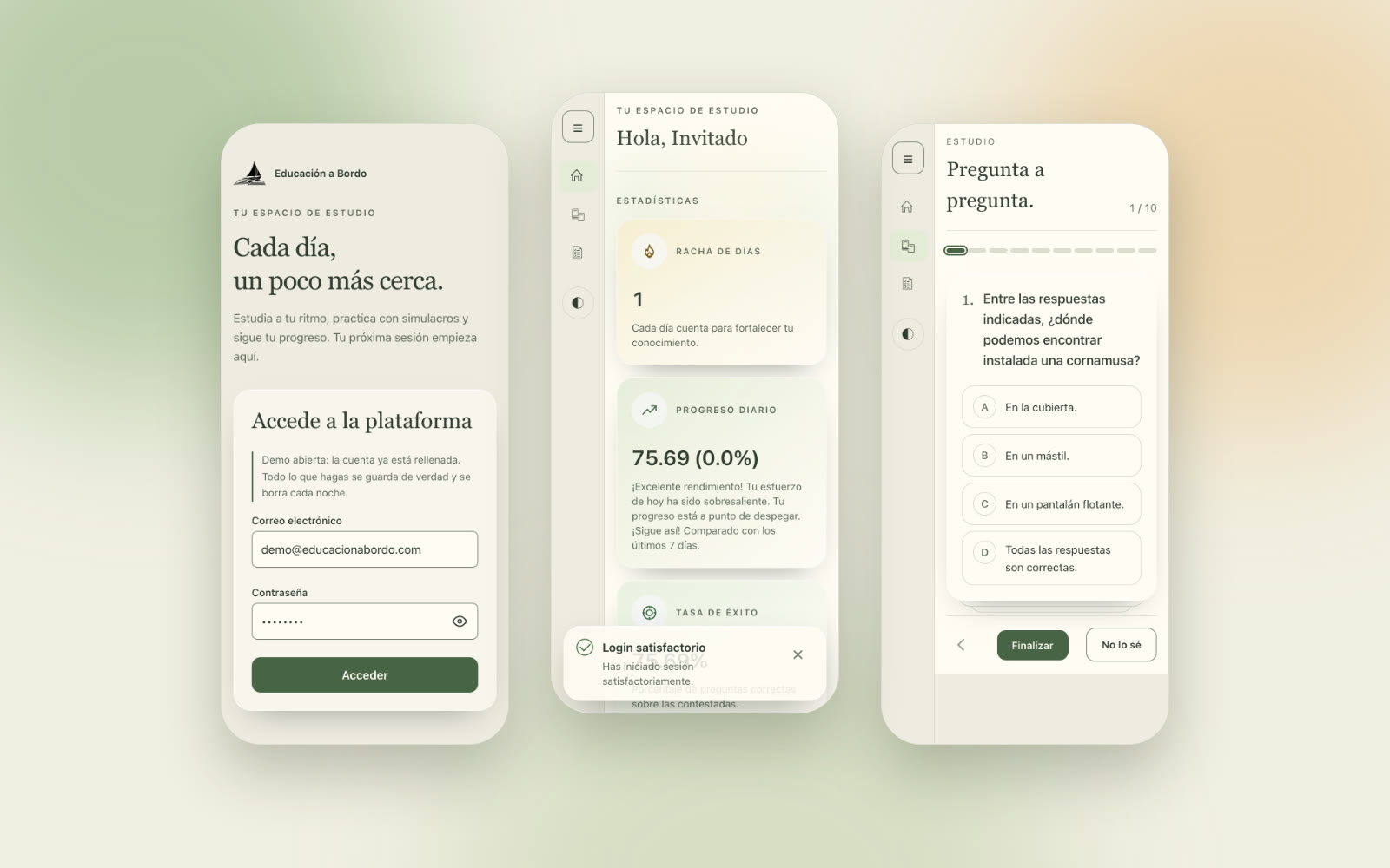 Educación a Bordo: login, the dashboard, and a study question